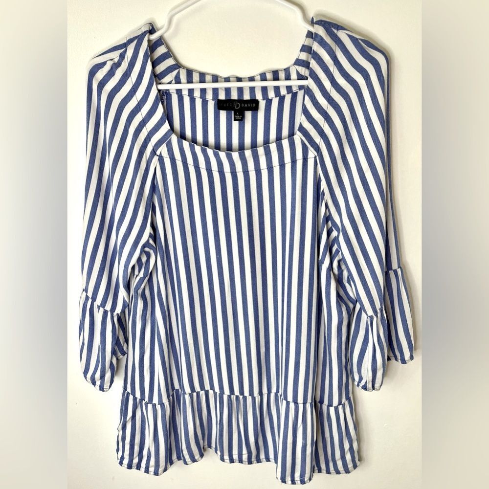 Fred David Ruffled Hem Nautical Blue & White Stripe Square Neckline Size large